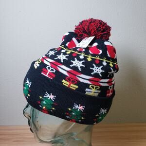 Light Up Christmas Beanie Hat Black Festive Party Pom Pom Top Winter Holiday Cap